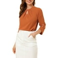 thumbnail image 5 of MODA NOVA Junior's Round Neck Keyhole Pleated Shirred 3/4 Sleeve Blouse Brown L, 5 of 7