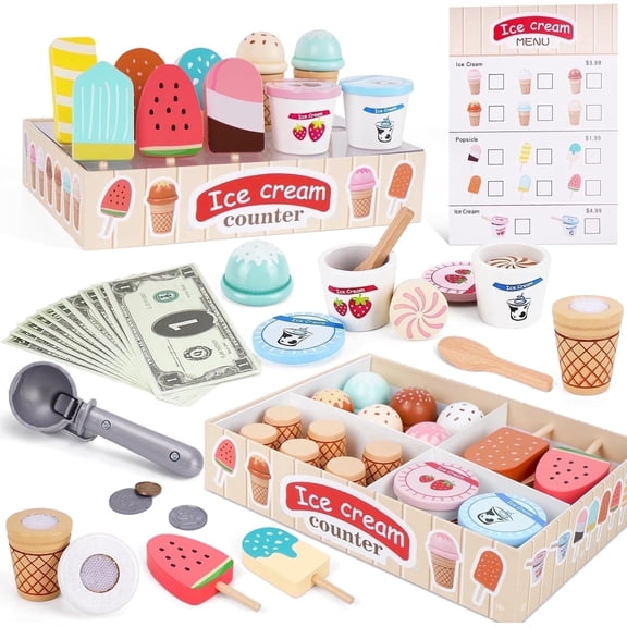 Wooden Ice Cream Toys for Toddlers, Kids Wooden Toys Play Kitchen Accessories, Play Food Sets for Kids Kitchen, Pretend Play Toys Gifts for 3 4 5 Year Old Girls Boys Birthday