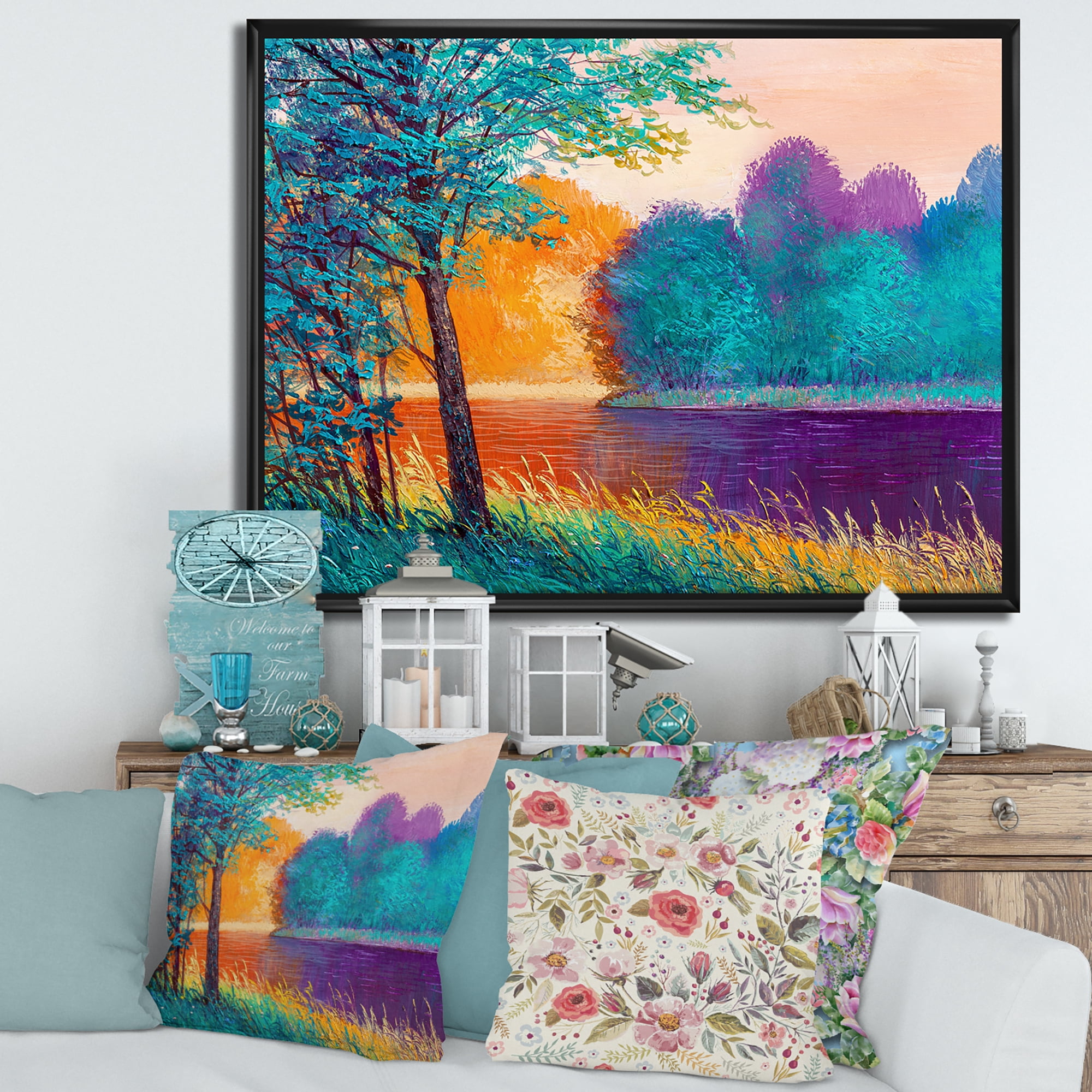Designart 'Colorful Trees During Twilight Along River' Traditional Framed Canvas Wall Art Print