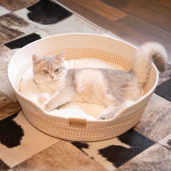 Cat Bed Basket with Cushion, 18.5*18.5*6in 2-in-1 Cotton Pet Couch for Indoor Cats(White)