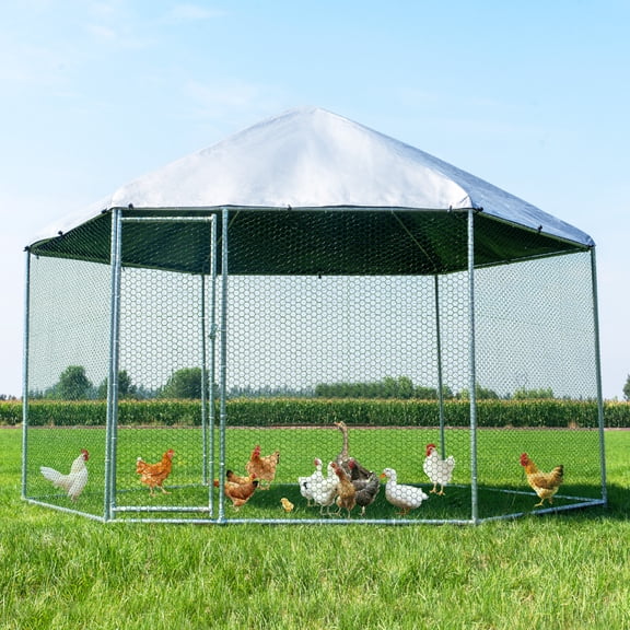 Large Metal Chicken Coop, Chicken Runs for Yard with Cover Walk-in Poultry Cage for 10 20 Chickens, Chicken Pen Duck Coop with Water-Resident Top and Feeding Door, Hexagon Hen House 13Lx7.3Wx8.6H FT
