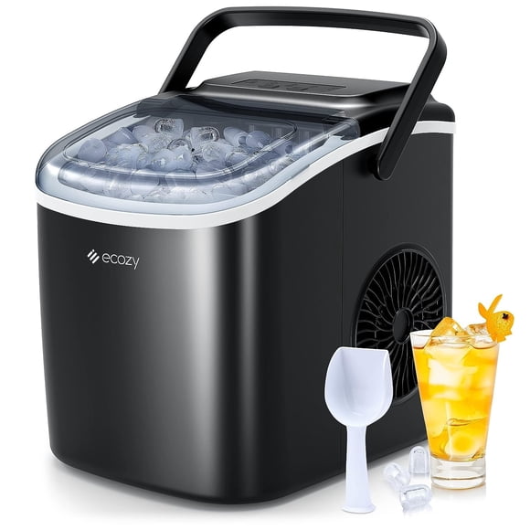 ecozy Maquina de Hielo - 9 Cubos de Hielo en 6 Minutos Ice Maker, Producción Diaria de 26 lbs, Autolimpieza con Bolsas de Hielo, Cuchara y Canasta para Cocina, Oficina, Bar, Fiesta - Negra