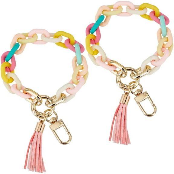 1 Box 2Pcs Wristlet Keychain Chunky Chain Link Keychain Colorful Acrylic Wrist Keychain Bracelets with Tassel Charms Key Ring Bracelet for Women Men Bags Purse Car Keys Mobile Phone Decor Colorful