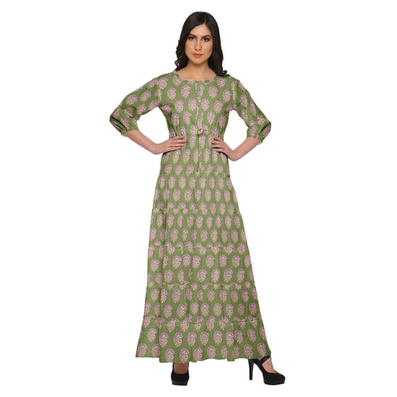 Moomaya Round Neck 3/4 Sleeve Flair Maxi Dress Printed Casual Summer Clothing
