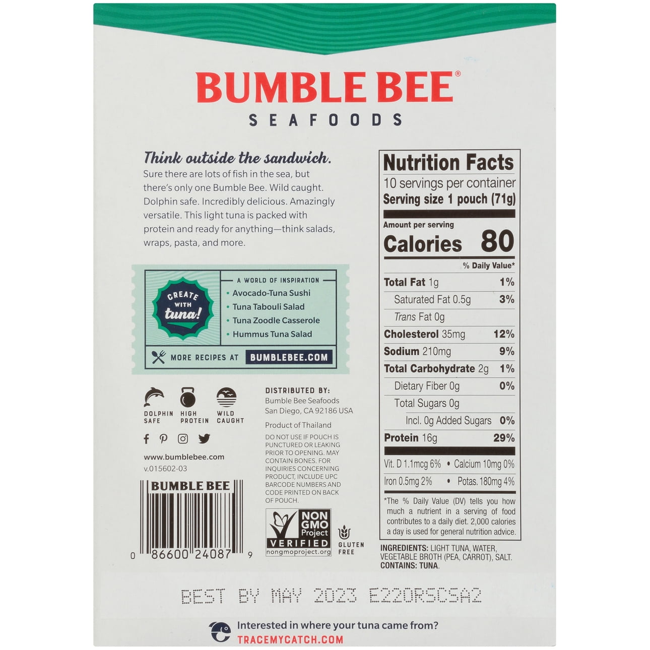 Bumble Bee Light Tuna in Water, Wild Caught, Gluten Free, 16g Protein per Serving, Shelf Stable Pouch, 2.5 oz, pack of 10