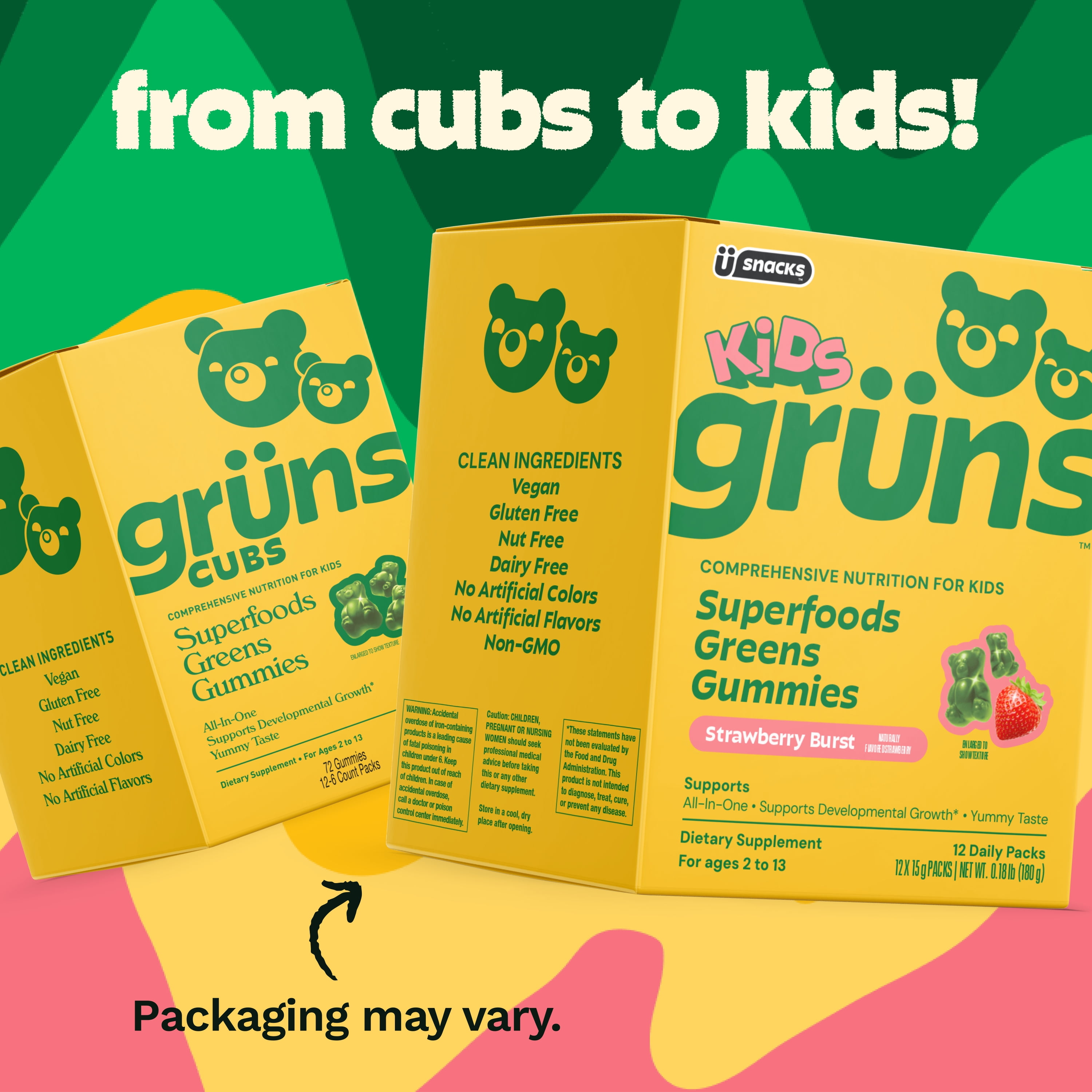 (2 pack) Grüns Kids Superfood Greens Gummies, Made with 60 Organic Ingredients, 20+ Vitamins & Minerals, Prebiotics, Adapotgens, Spirulina & Chlorella, Ages 2+, 12 Servings