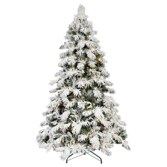 6Ft Christmas Tree with Lights, Full White Flocking on Branches and Leaves, 594 Flocked PVC Branch Tips , 270 Warm Yellow Lights, Artifical Tree for Christmas Metal Stand