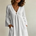 thumbnail image 6 of Vivianyo HD Women's V-Neck Single Button Midi Dress, 3/4 Bell Sleeve Solid Loose Casual Dresses with Side Pocket for Women, Women's White, Sizes S-2XL, 6 of 7
