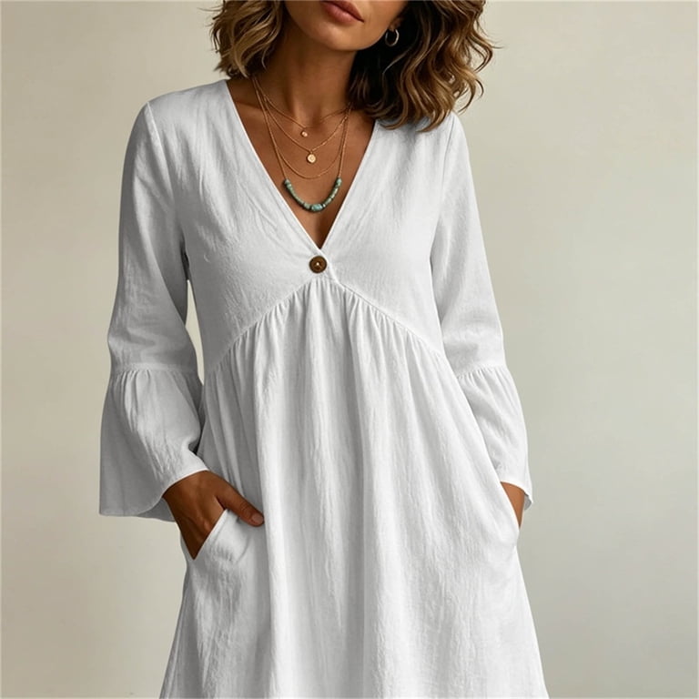3 4 length casual dresses Qolati Summer Dresses for Women 3/4 Bell Sleeve V Neck Casual Shift Dresses Daily Resort Work Casual Dress White XL, Women's