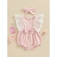 thumbnail image 2 of Bslissey Infant Girls Sweet Fly Sleeve Romper Baby Girl Lace Patchwork Flower Print Jumpsuit Newborn Summer Casual Bodysuit with Headband 3M 6M 9M 12M, 2 of 9