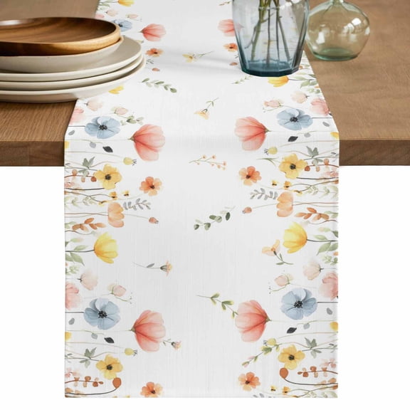 Table Runner 90 Inches Long for Kitchen Dining, Watercolor Wildflowers Dresser Scarf Farmhouse, Dining Table Decorations for Wedding/Parties, Farmhouse Botanical Floral Herbs 13 x 90 In