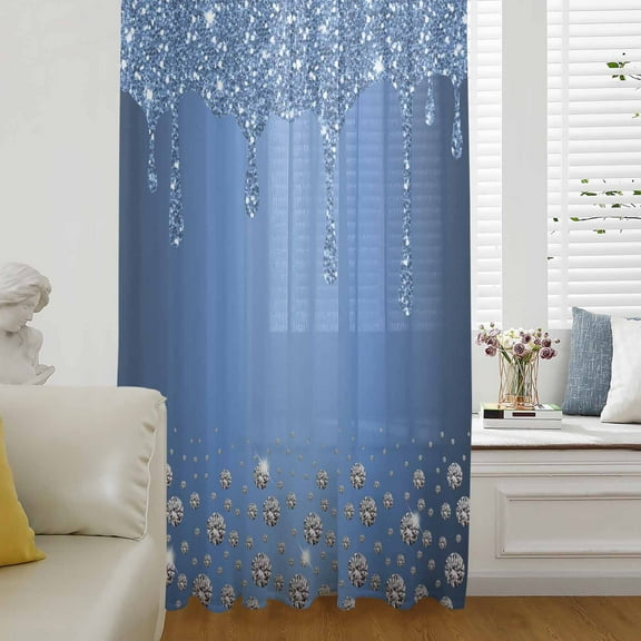 Modern Blue Semi Sheer Curtains Drapes for Living Room, Bedroom, French Doors Window 54 Inches Long, Abstract Diamond Luxury Gradient Rod Pocket Chiffon Curtain Drapery Voile Draperies Panel