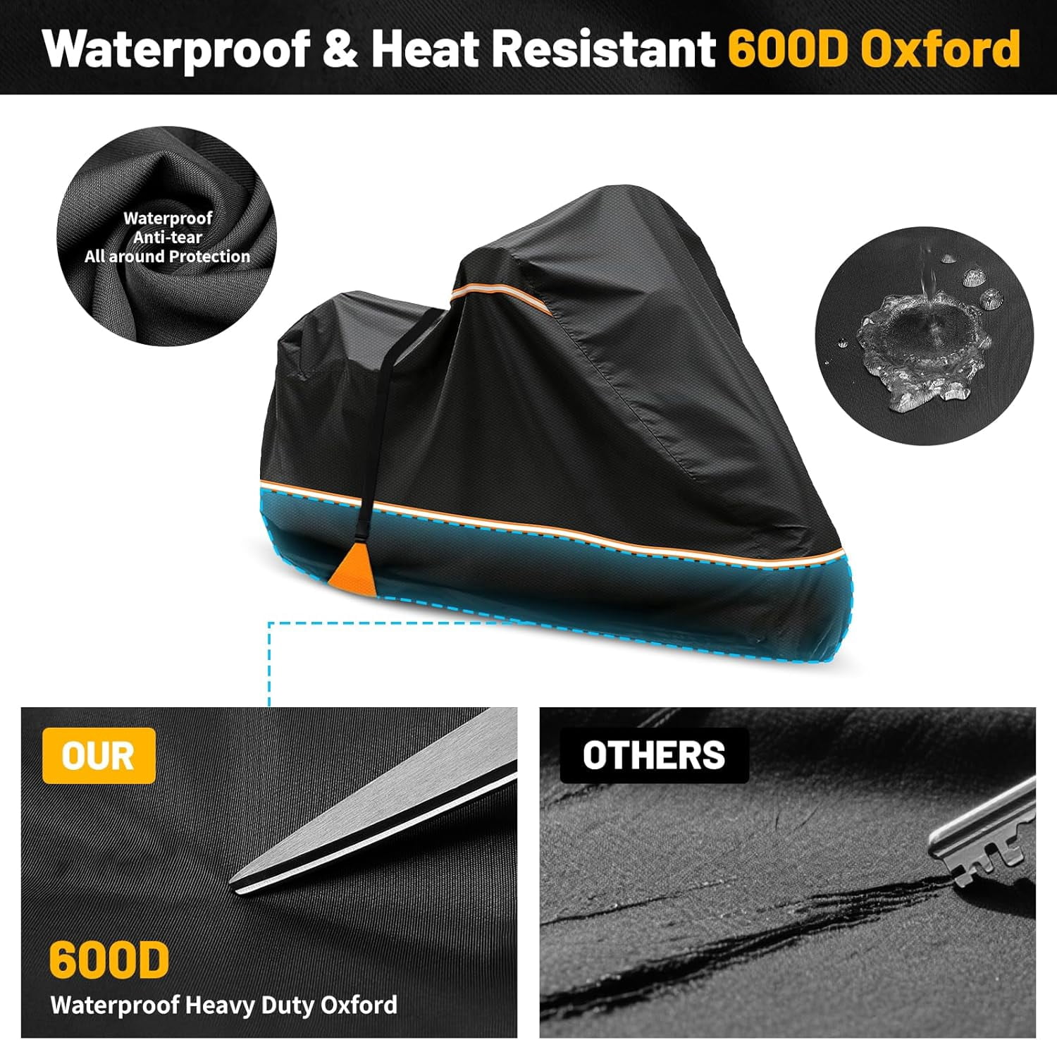 Full Enclosed Motorcycle Cover, 600D Heavy Duty Waterproof Motorcycle Cover 108 Inch, Fits for Harley Honda Yamaha Suzuki Scooter, Dirtbike, Cruiser, Touring Models, Black