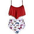 thumbnail image 2 of Women High Waisted Bikini Ruffle Swimsuit Flounce Pom Pom Trim Two Piece Bathing Suit Red&white (S, 2 of 7