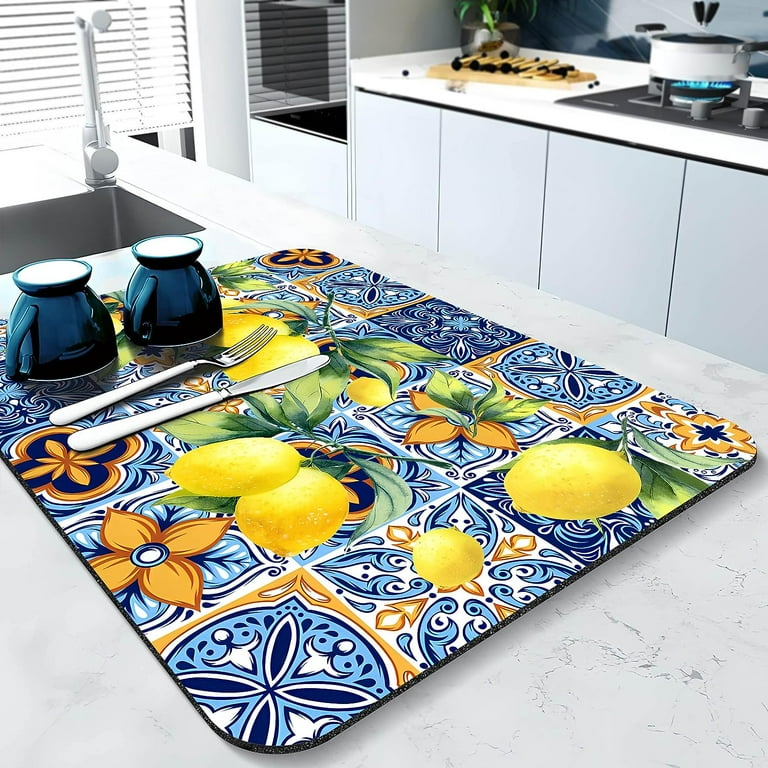 Rubber Dish Drying Mat for Kitchen Counter Large Lemon Washable