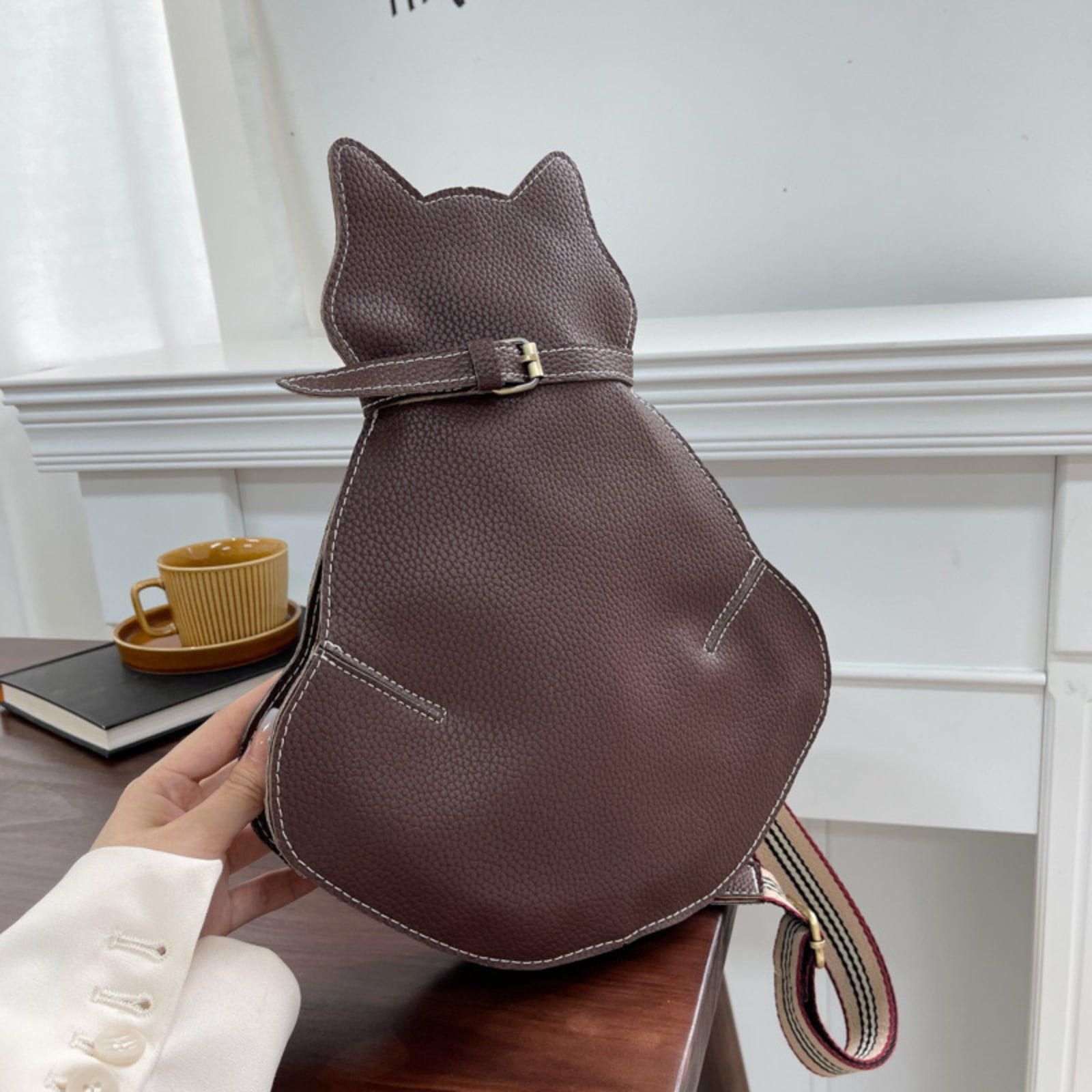 Modstep Women Crossbody Bags Leather Cat Purse Adjustable Wide Strap Chest Bag Cartoon Novelty Zipper Gift Sling Shoulder Bags Brown