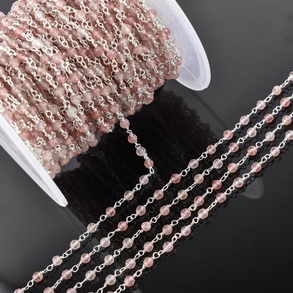 QNAVIC Natural Strawberry Quartz Gemstone Handmade Beaded Stone Rosary Chains with 3mm Beads Jewelry Making DIY Accessories 925 Sterling Silver Rosary Chain Hand Craft (1 feet)