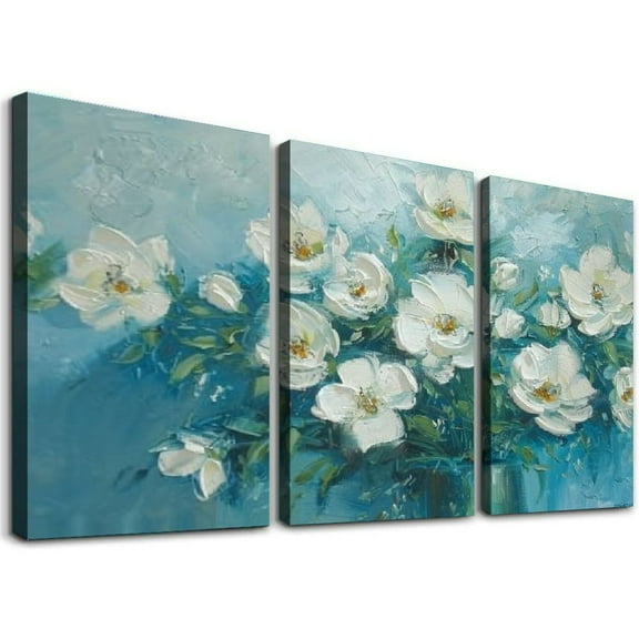 White Flowers Wall Art Canvas Floral 3D Textured Picture Gold Blue Painting for Living Room Bedroom Bathroom Home Office Wall Decor, Large Wood Grain Framed