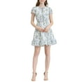 thumbnail image 1 of Vestido de gasa floral con volantes y cuello en V para mujer, con mangas acampanadas y lazo, por encima de la rodilla, color blanco, 1 of 7