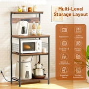 Beddle Kitchen Baker's Rack with Power Outlet, 23 Industrial 4-Tier Storage Shelf, Metal Frame with Rustic Wood Shelves