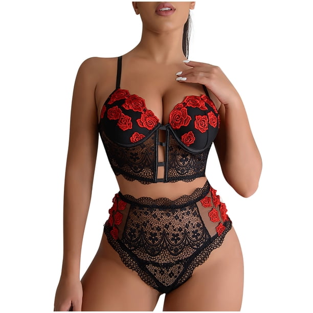 Lencería sexy para mujer Bordado de encaje Ahueca hacia fuera Tentación Babydoll Ropa interior Bragas Calzoncillos Ropa de dormir Traje Fridja nalpqowj38928