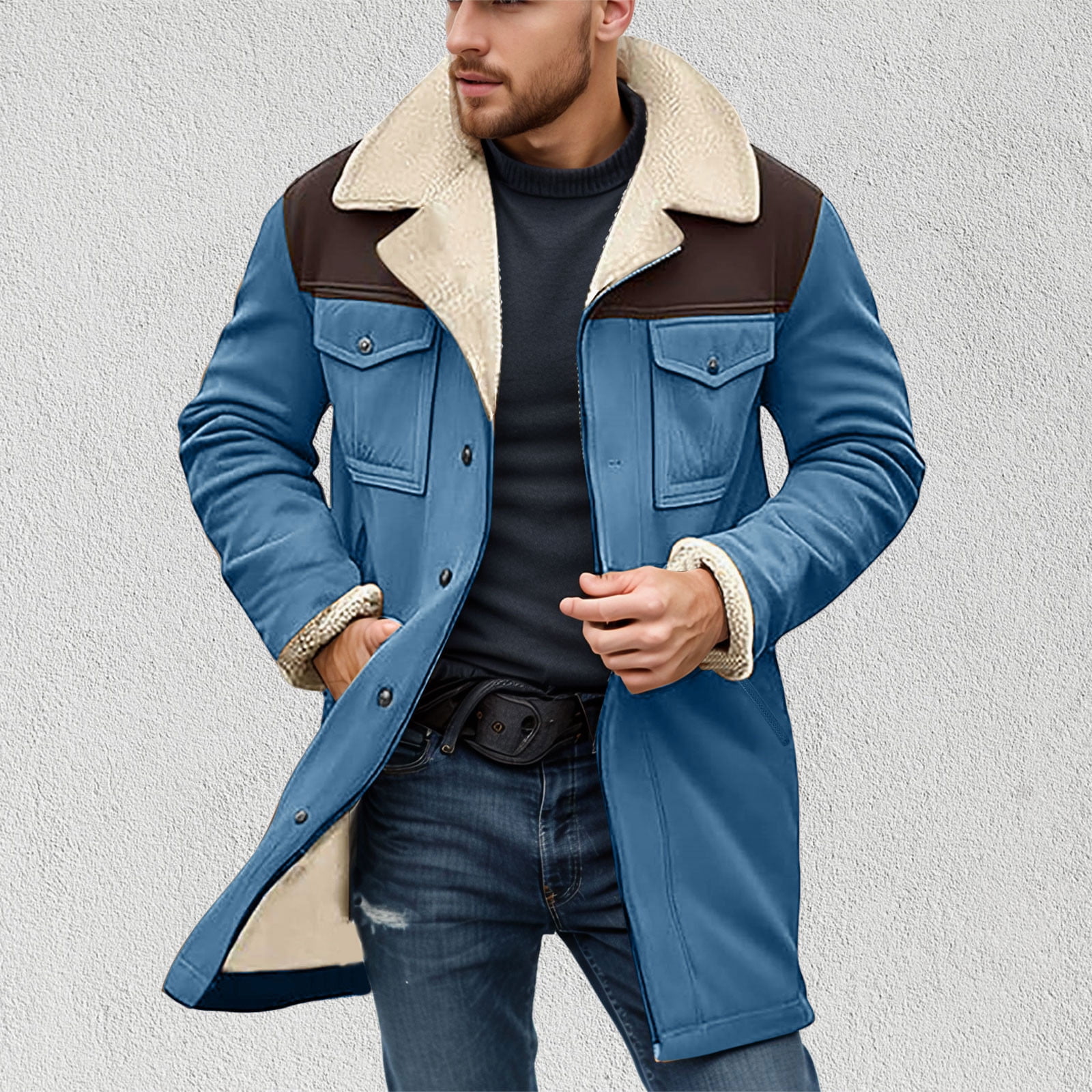 Fgnfyis Mens Jacket Collar Coat Leather Zip up Motorcycle Jacket Retro Top with Multiple Pockets Mens Winter Coats Blue XL