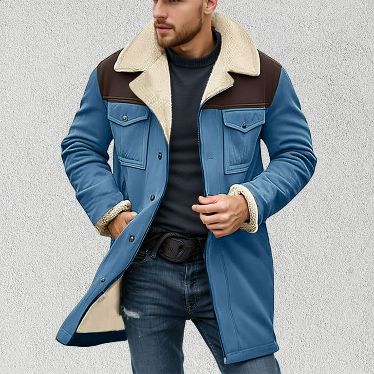 Mens Patchwork Jacket Notched Collar Coats Faux Leather Winter