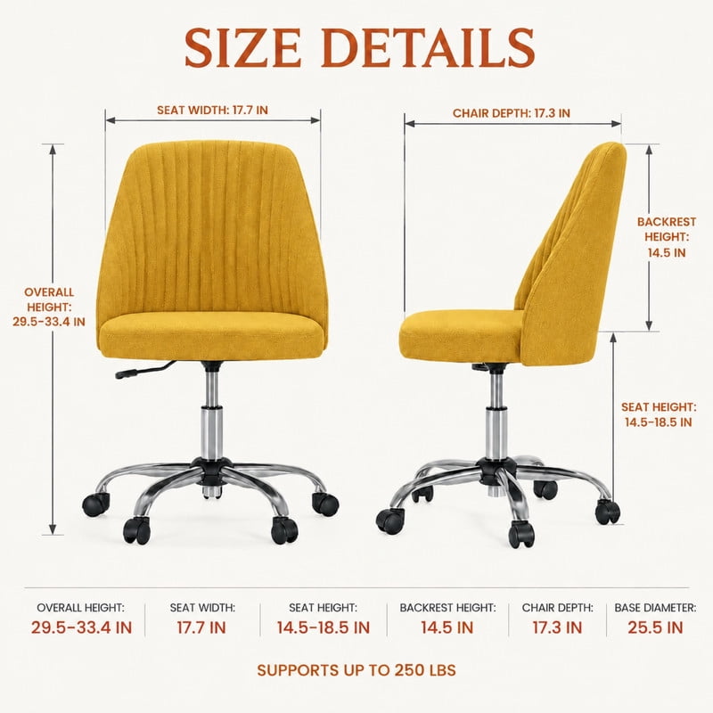 BEAUTYPEAK Armless Vanity Chair Adjustable Swivel Fabric Desk Chair with Padded Seat Wheels Mid-Back Office Chair, Ginger