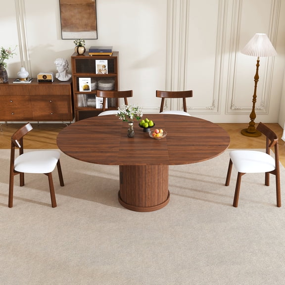 59" Extendable Oval Dining Table Set with 4 Walnut Chairs, 47-59" Rail-Free Expandable Table & 2-Tier Storage, PU Cushioned Solid Wood Chairs, Pedestal Base Kitchen Set for 4-6