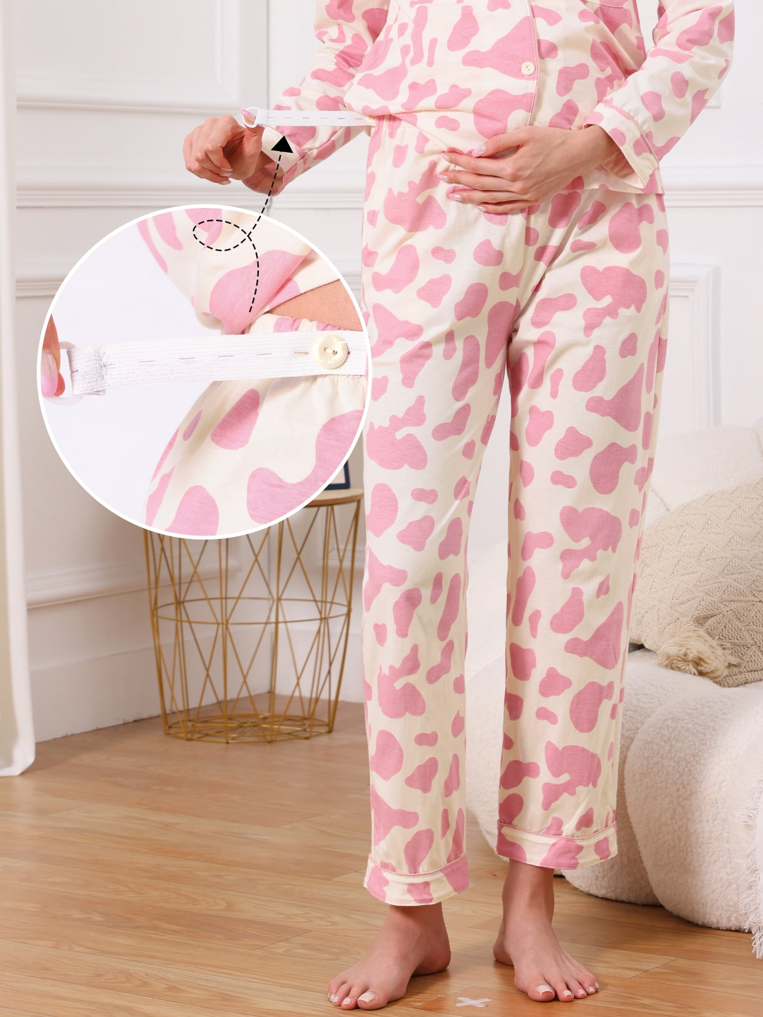 DARING DIVA Women's Nursing  Postpartum Button Down Long Sleeve Pajama Sets M Pink