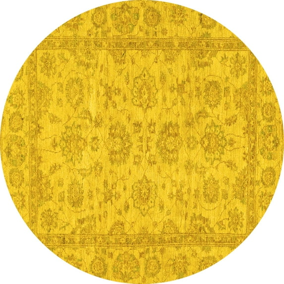 Ahgly Company Machine Washable Indoor Round Oriental Yellow Traditional Area Rugs, 8' Round