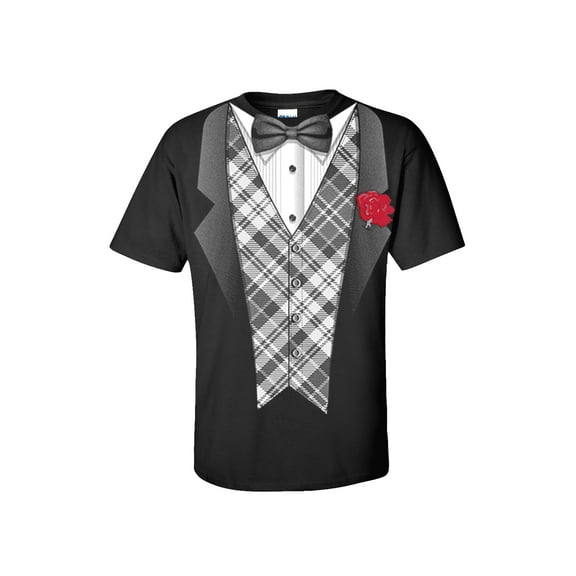 Tuxedo Short Sleeve T-shirt Classy Tux with Plaid Vest and Rose Bow Tie-Black-Small