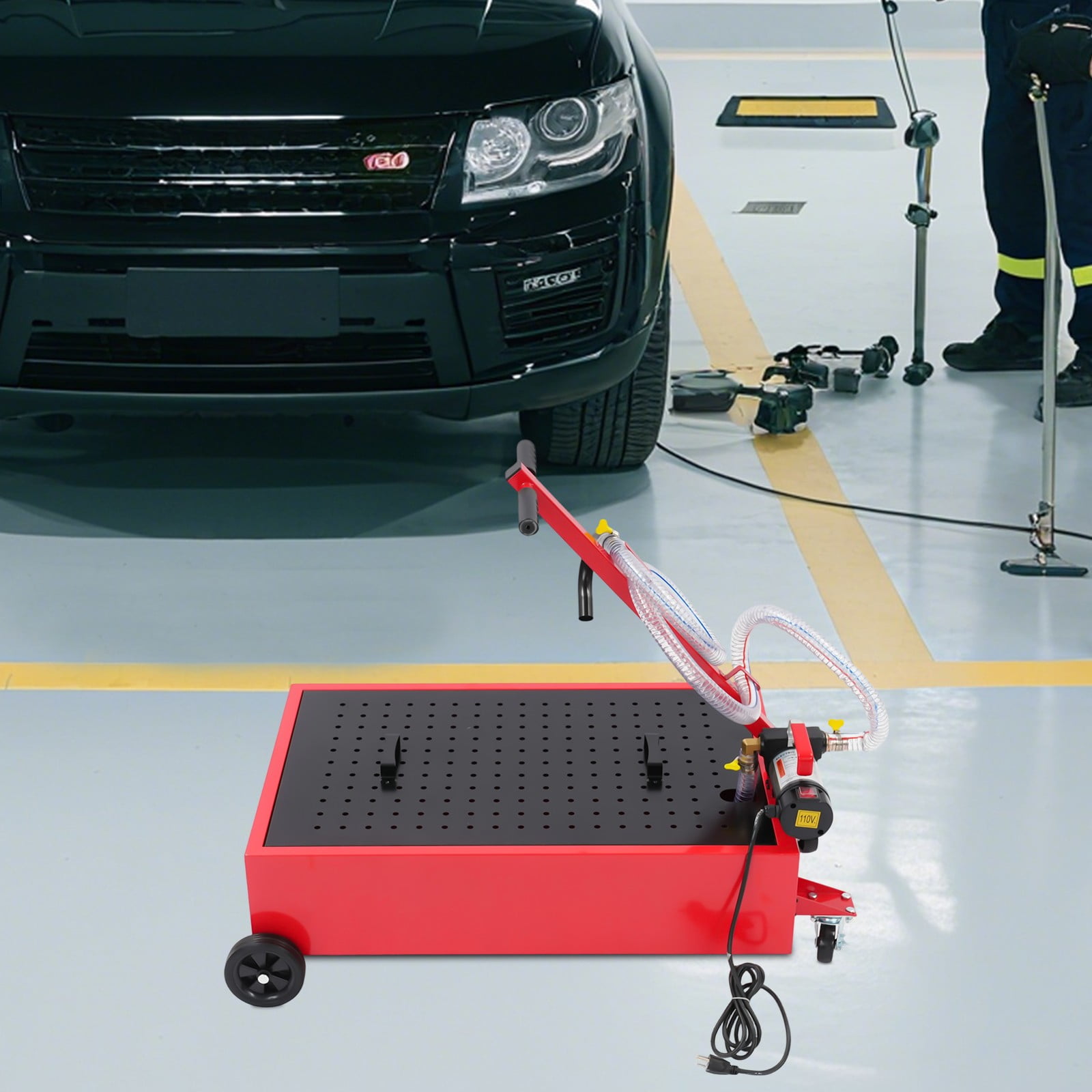 Low Profile Oil Drain Pan 20 Gallon Oil Drain Pan w/ Electric Oil Pump 8ft 120W for Buses, Cars, SUVs