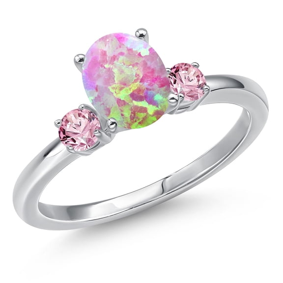 Gem Stone King 14K White Gold Simulated Pink Opal and Pink Lab Grown Diamond Engagement Ring for Women | 1.31 Cttw | Oval Cabochon 8X6MM | Gemstone October Birthstone | Size 6
