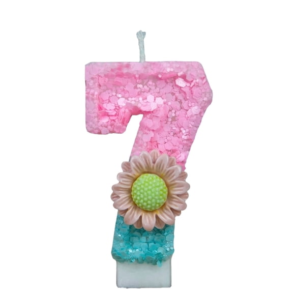 Daisy Number Candle, Garden Party Cake Topper, Glitter Birthday Decor, Floral Themed Supplies, Pink & Teal Glitter Number Candle With Daisy, Garden Themed Birthday Cake Topper, Flower D Number 7