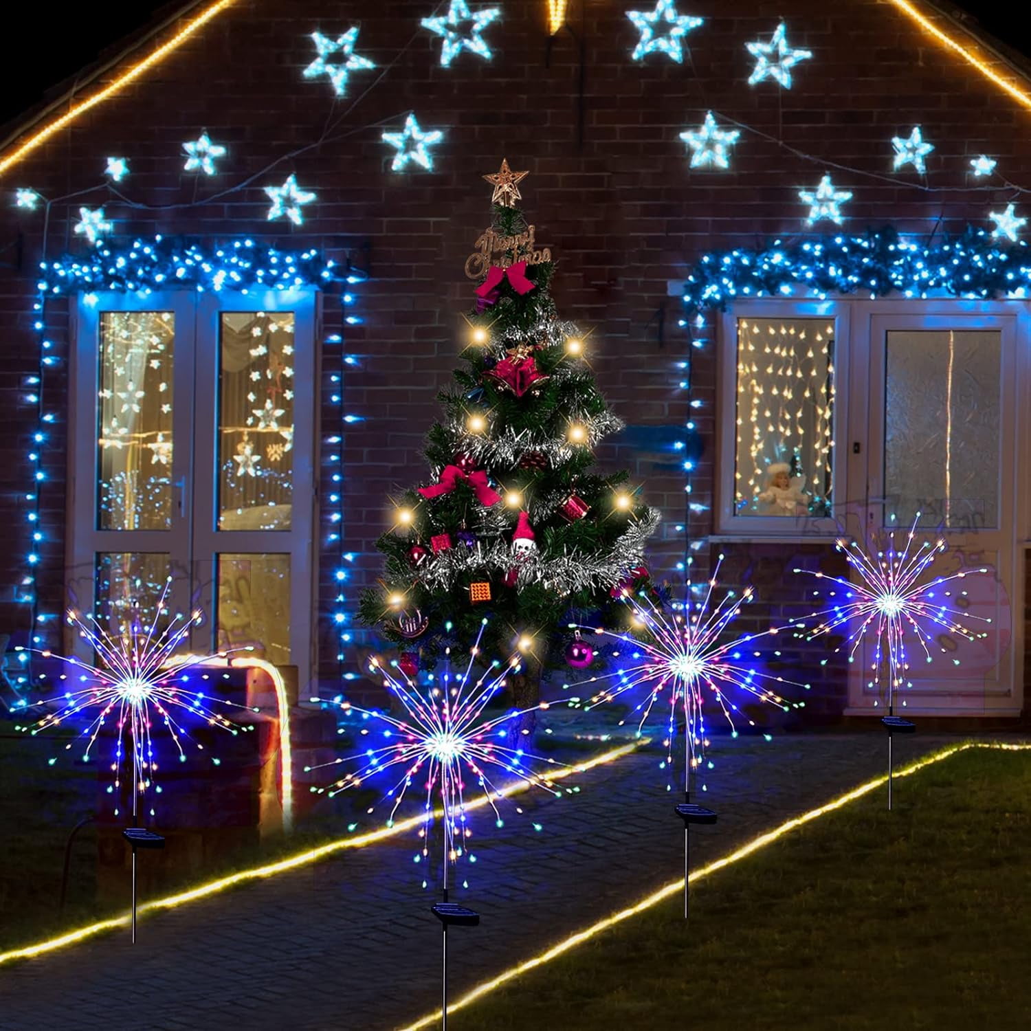 Solar Garden Firework Lights Outdoor Waterproof 4 Pack 120 LED Sparklers Solar Lights for Outside Patio Backyard Yard Pathway Walkway Decorations (Colorful)