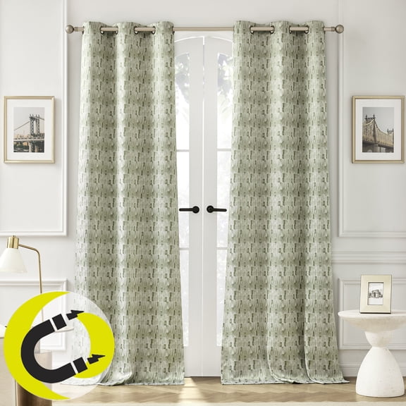 Sun Zero Edmund 2-pack Monochrome Brushstrokes Magnetic Closure 100% Blackout Grommet Curtain Panel Pair, 40"W x 84"L, Olive Green