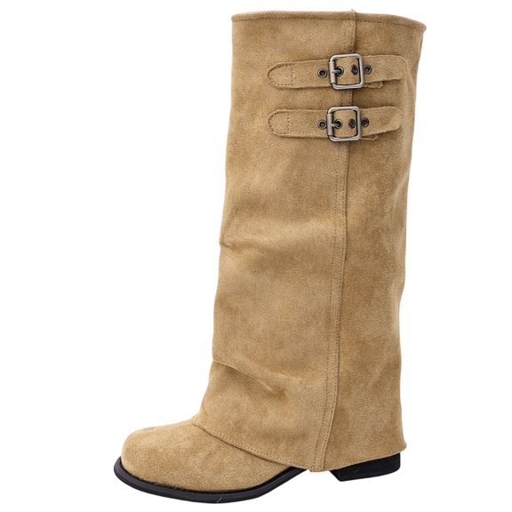 Xfvqtps Knee High Boots for Women Fold over Buckle Strap Block Low Heel Round Toe Suede Tall Boots