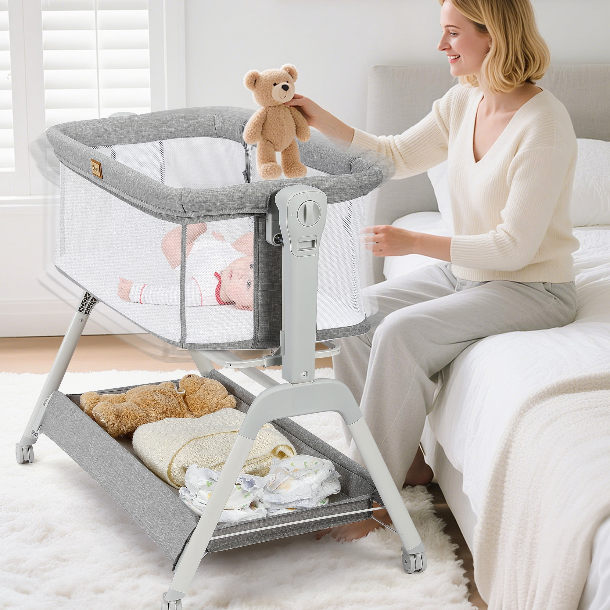 Baby Bassinet, Bobiber 3-in-1 Baby Bassinet Bedside Sleeper with Rocking and Adjustable Height, Storage Basket, Wheels, for 0-24 Months, Grey