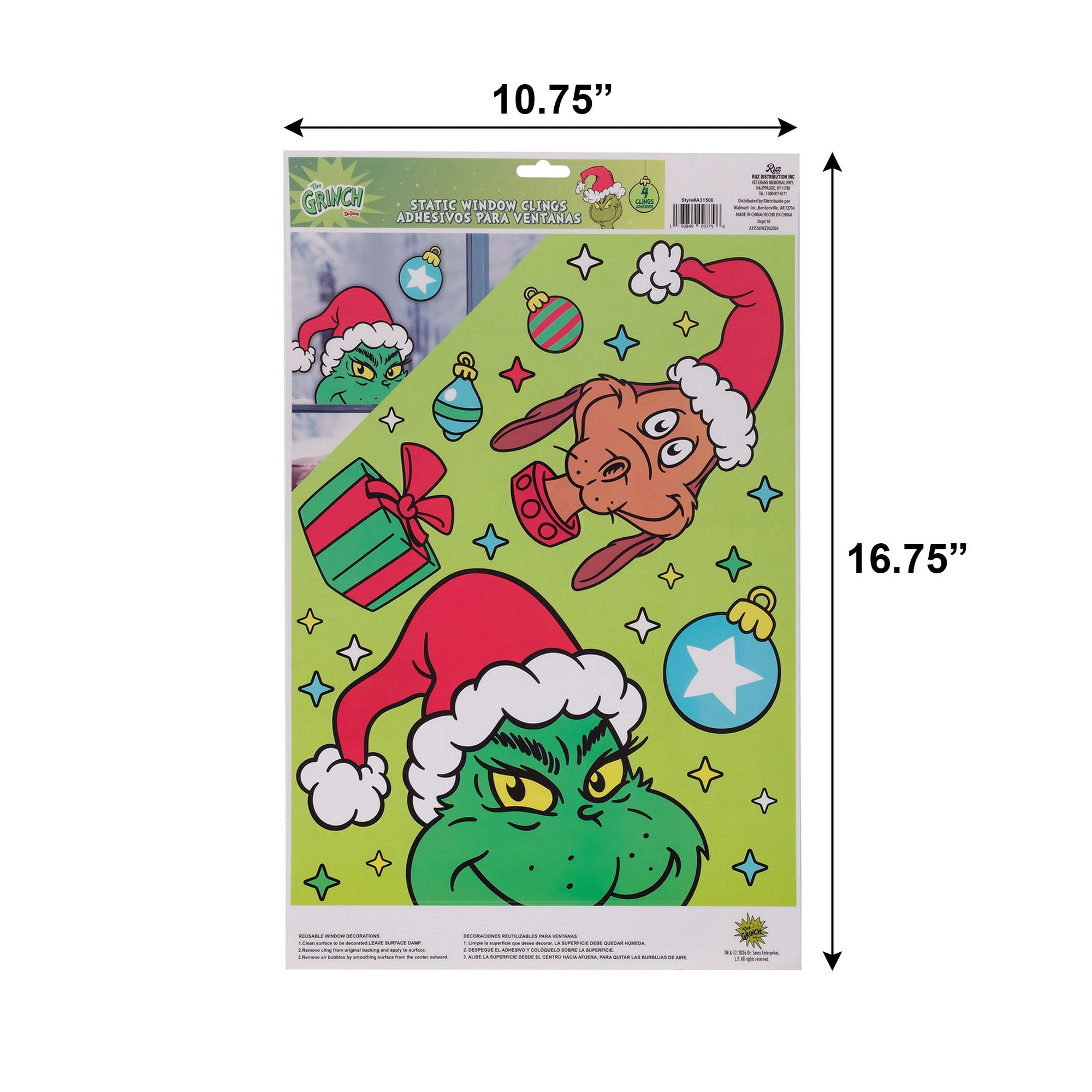 Dr. Seuss The Grinch Christmas Window Clings – Holiday Static Window Decorations Featuring The Grinch & Max