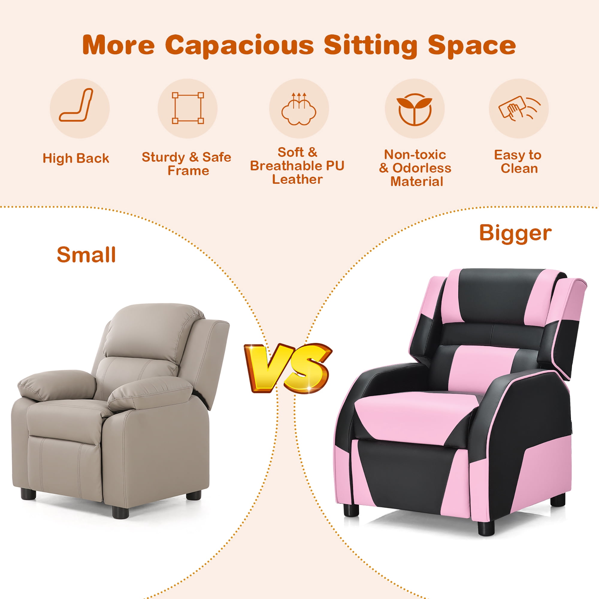 Costway Kids Youth Gaming Sofa Recliner w/ Headrest & Footrest PU Leather Pink