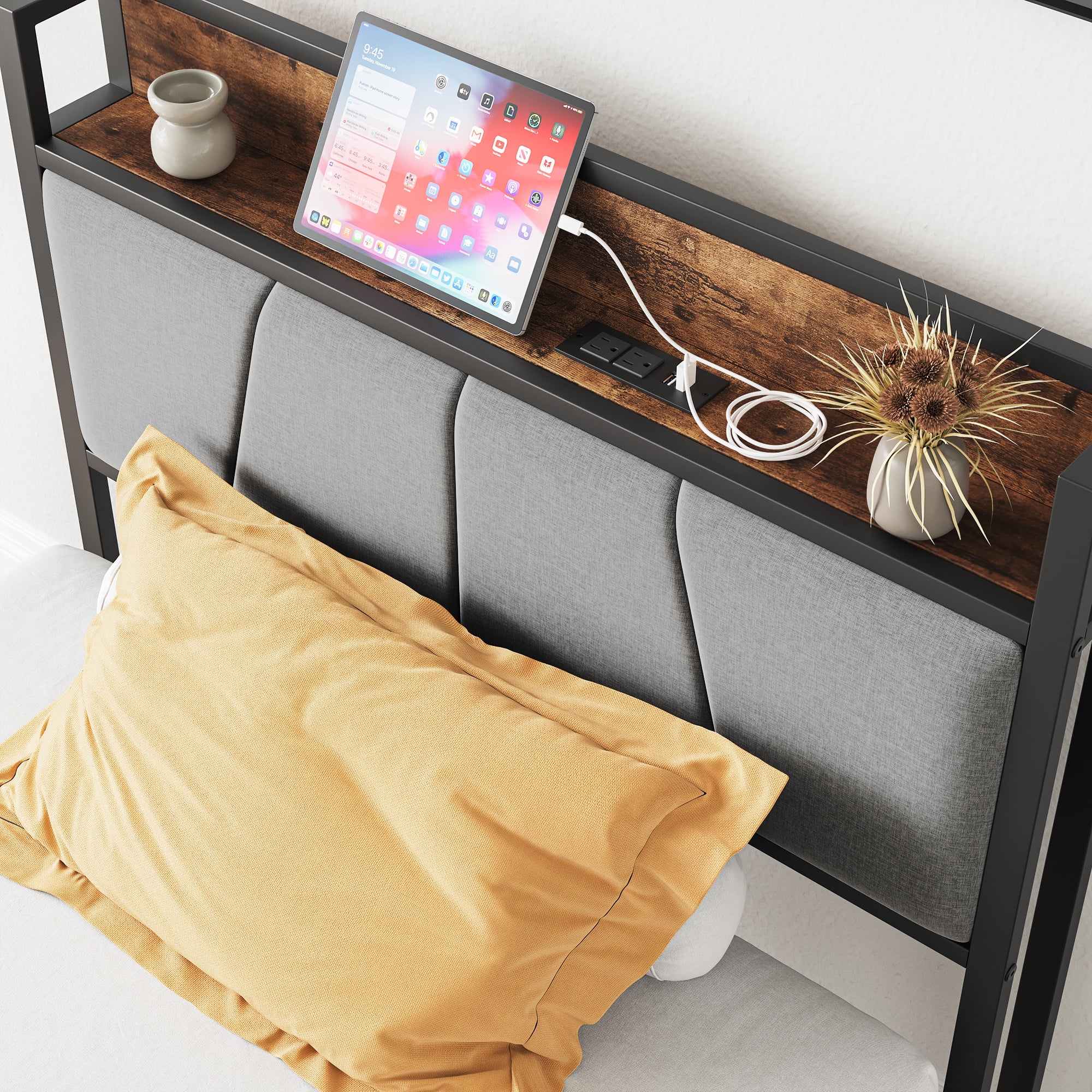 Miniyam Twin Size Upholstered Bed with Storage Headboard & Charging Station for Adult, Brown