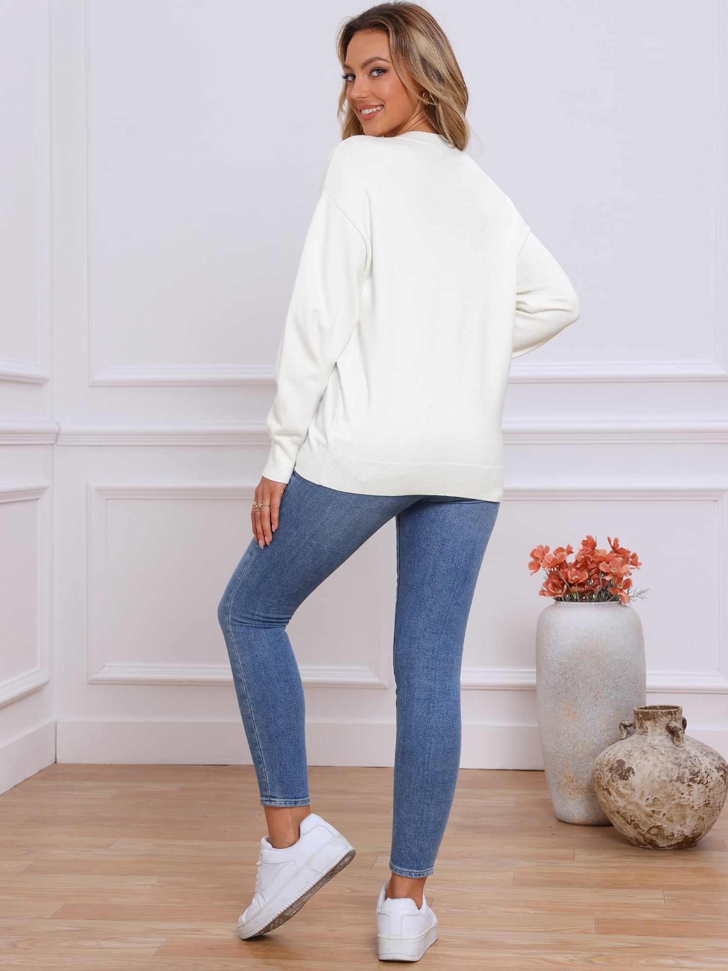 DARING DIVA Women's Long Sleeve Lightweight Crew Neck Knit Top XS White