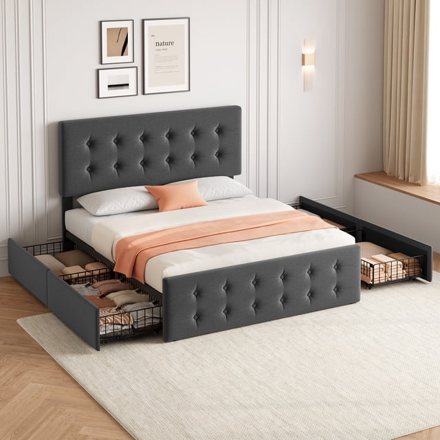 Full Size Platform Bed Frame with 4 Storage Drawers & Headboard,Faux Leather or Linen, Button Tufted Platform, Strong Wooden Slats,No Box Spring Needed