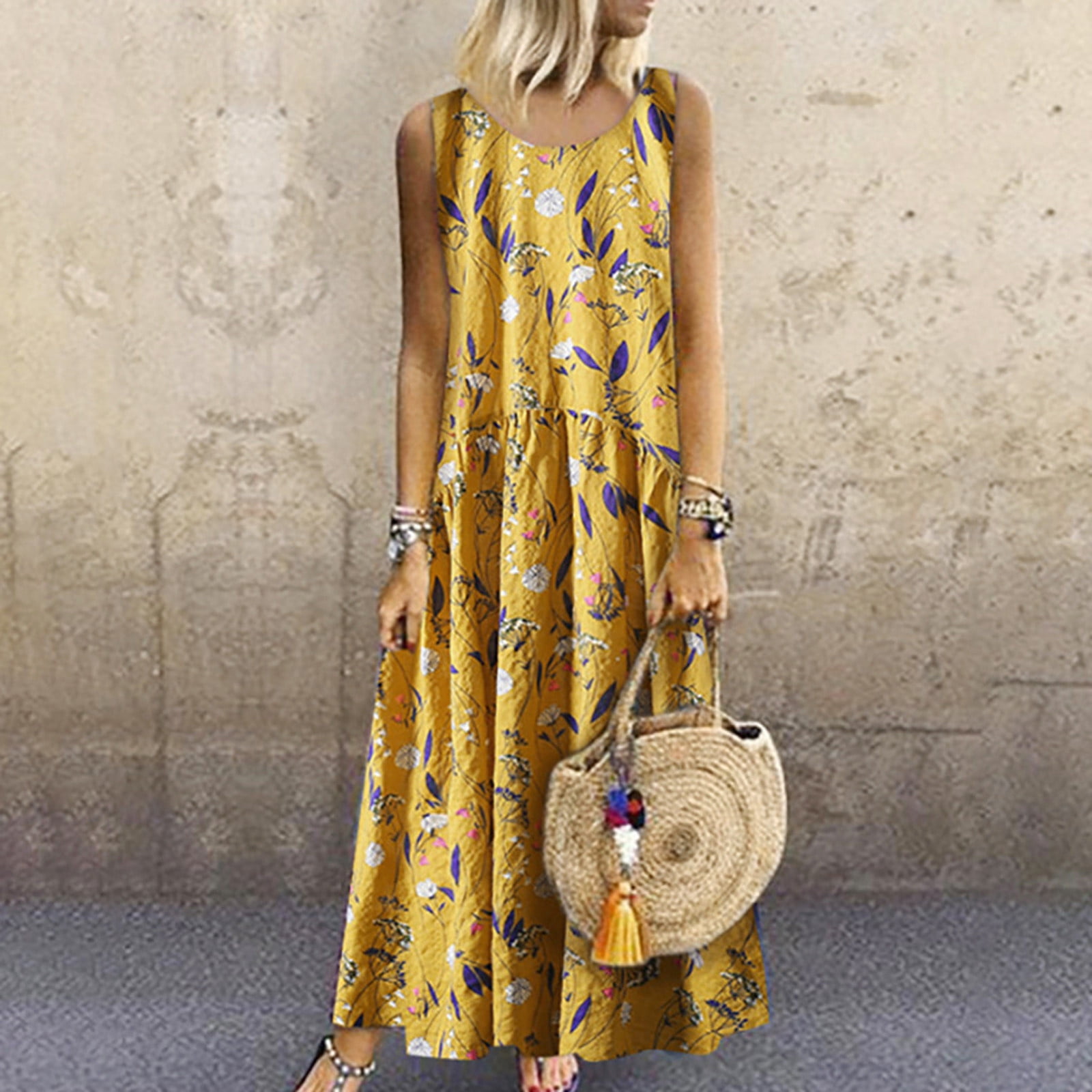 Women Summer Plus Size Bohemian O-Neck Floral Print Sleeveless Long Maxi Dress