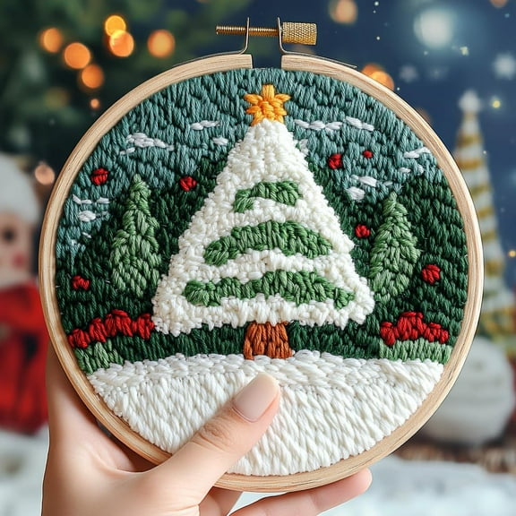 DIY Punch Needle Kits for Beginners White and Green Christmas Tree with Hoop Punch Needle Starter Craft Embroidery Set Easy for Adults and Children Festival Gift and Decoration 20x20cm-1