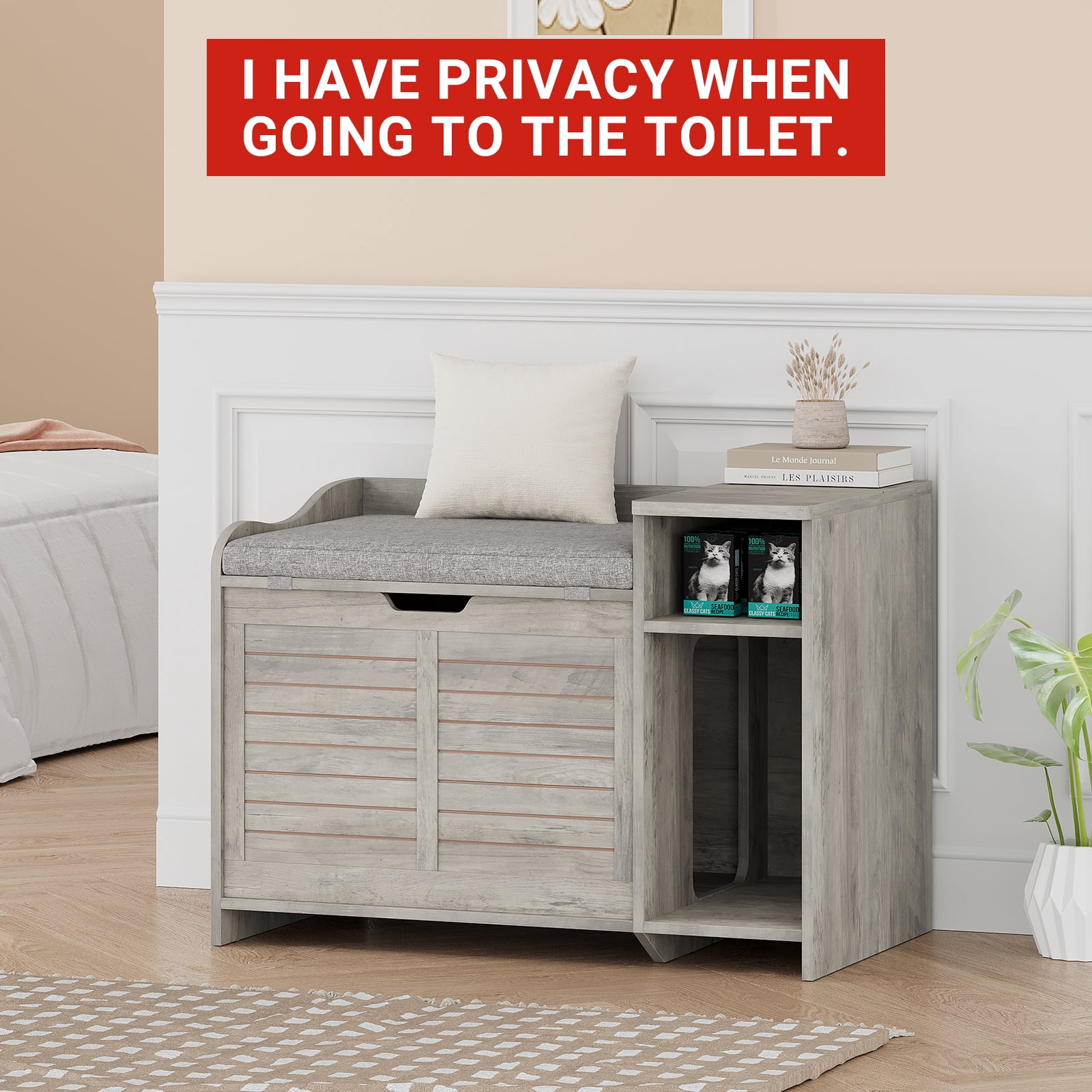 Large Wooden Cat Litter Box Enclosure – Flip-Top Opening, Hidden Storage Shelf, Litter Mat, Cushion & Pad – Covered Cat Washroom Furniture for Indoor & Heavy Cats