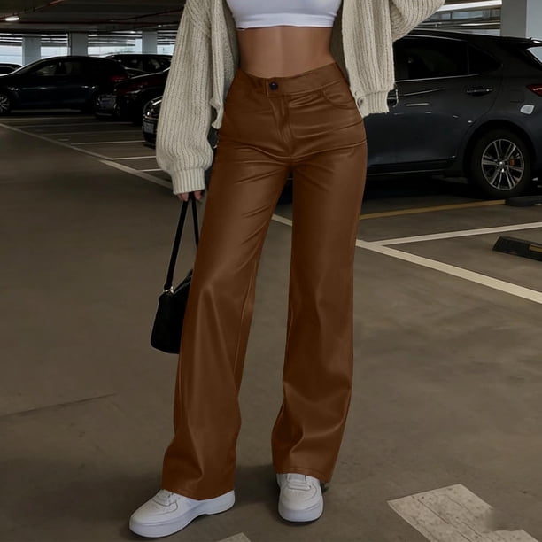 Pincandy Women's Solid Color Casual Pants with Leather-Look Buttons - Elastic Waist, Zipper Fly, Loose Wide Leg Fit with Pockets, Stylish Addition to Your Wardrobe