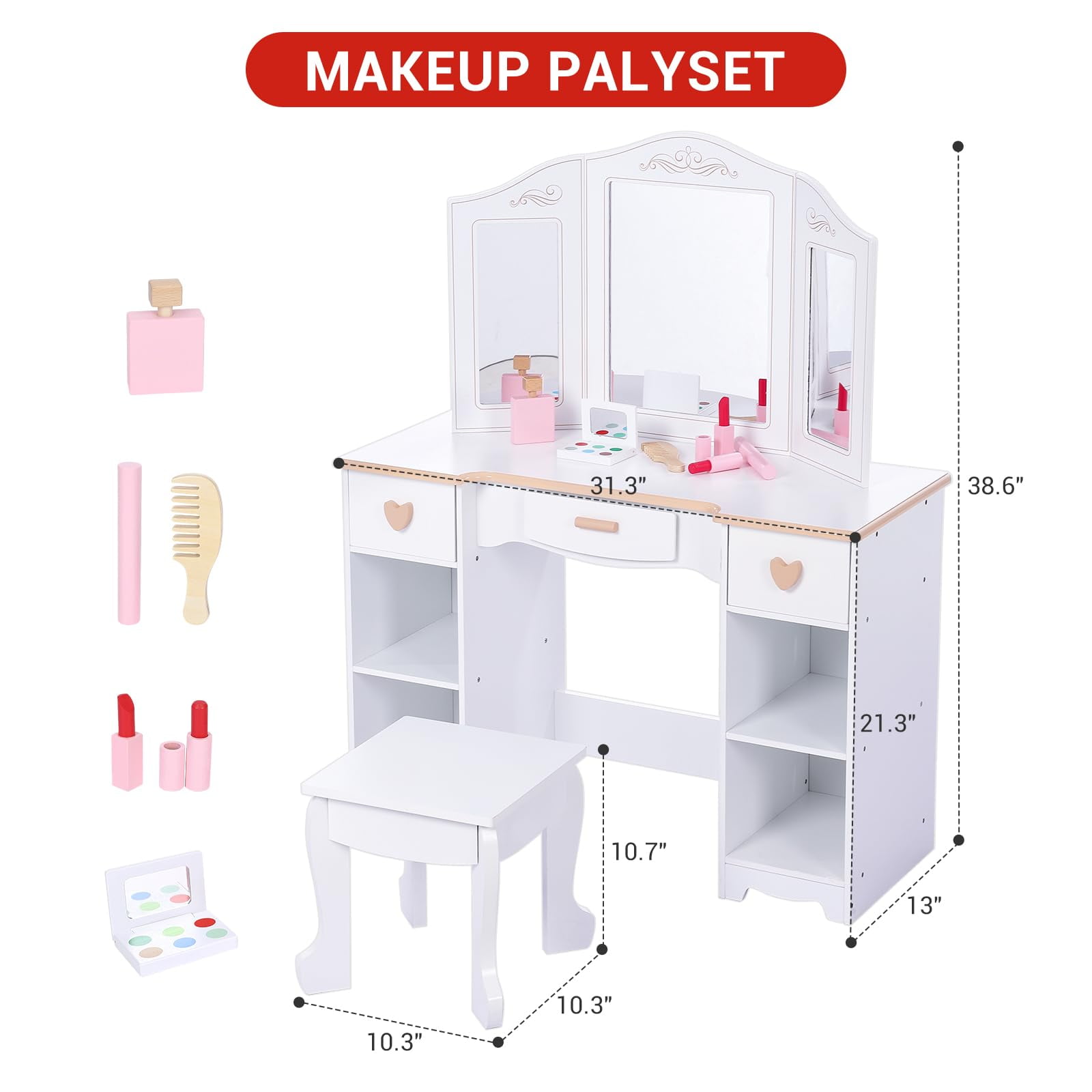 TROPOW Kids Vanity with Mirrors and Stool, Pretend Play Vanity Table Set, Princess Makeup Desk, Toddler Vanity Dressing Table with Storage Drawers and Open Shelves for Girls 3+, White