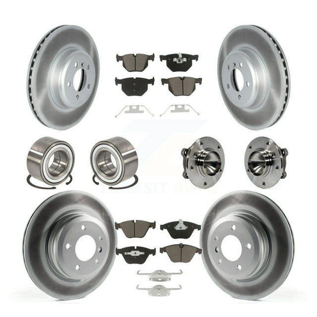 Transit Auto Front Rear Hub Bearing Coated Disc Brake Rotors and Ceramic Pads Shoes Kit (10Pc) for Car 2012 BMW 335i Convertible with Blue Painted Calipers 370mm Diameter Rotor - KBB-122739